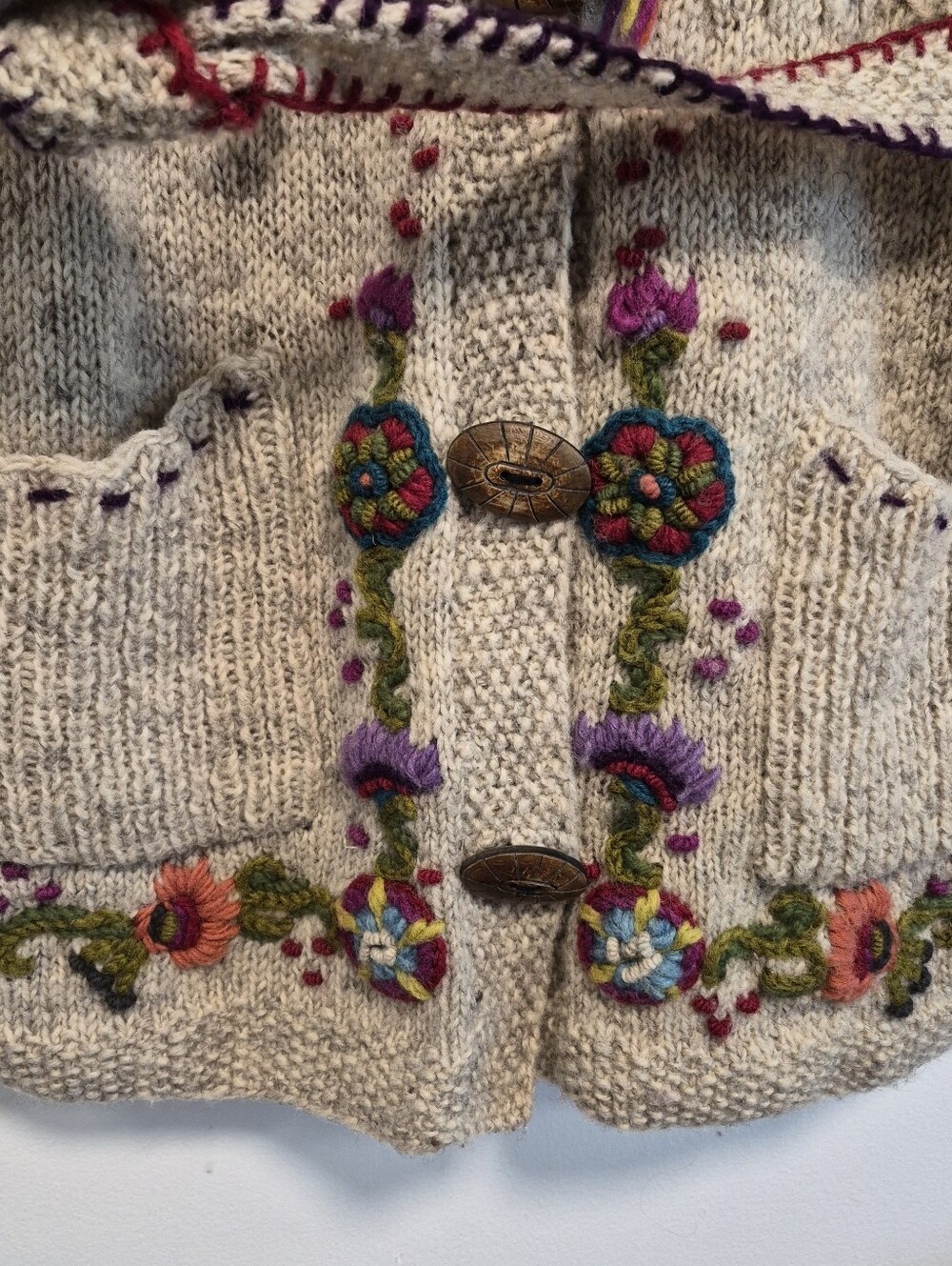 Vtg Newari Nepal Hand Knit Wool Cardigan Sweater Y2K Hooded Belted Floral Sz S/M - Picture 6 of 14